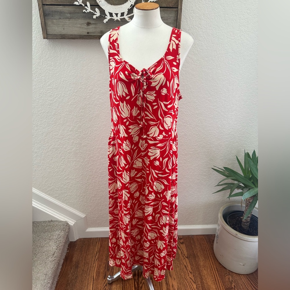 Cabi‎ 6393 Red and Cream Floral Midi dress stretch knit ladies Large